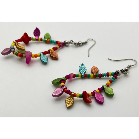 Colorful Beaded Leaf Earrings Teardrop Dangle Boho Jewelry - Picture 5 of 6